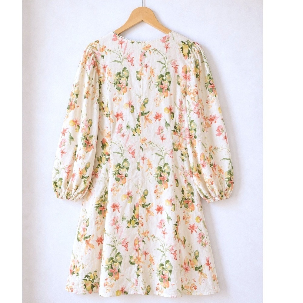 H&M Linen Blend Floral Citrus Puff Sleeve Button Front Mini Dress Cream XL - Picture 12 of 13